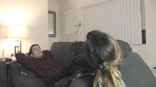 Ponytail teen rides dick on living room sofa